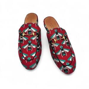 Gucci Princetown Horsebit Flat Mule Slipper Red Bee Canvas Gold Size 37.5 US 7.5